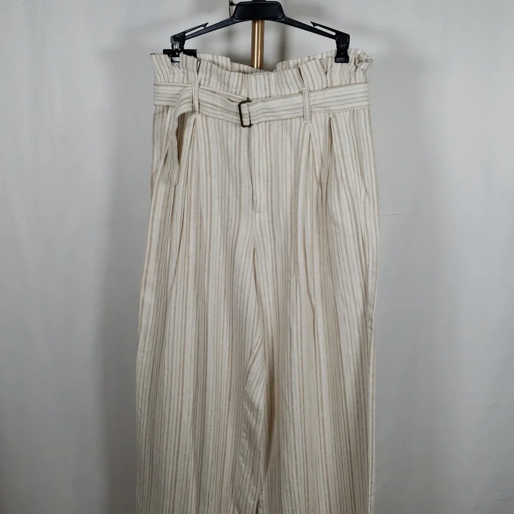 Banana Republic Outlet Linen Wide Leg Pants Beige Striped‎ Size 4 NWT Belted